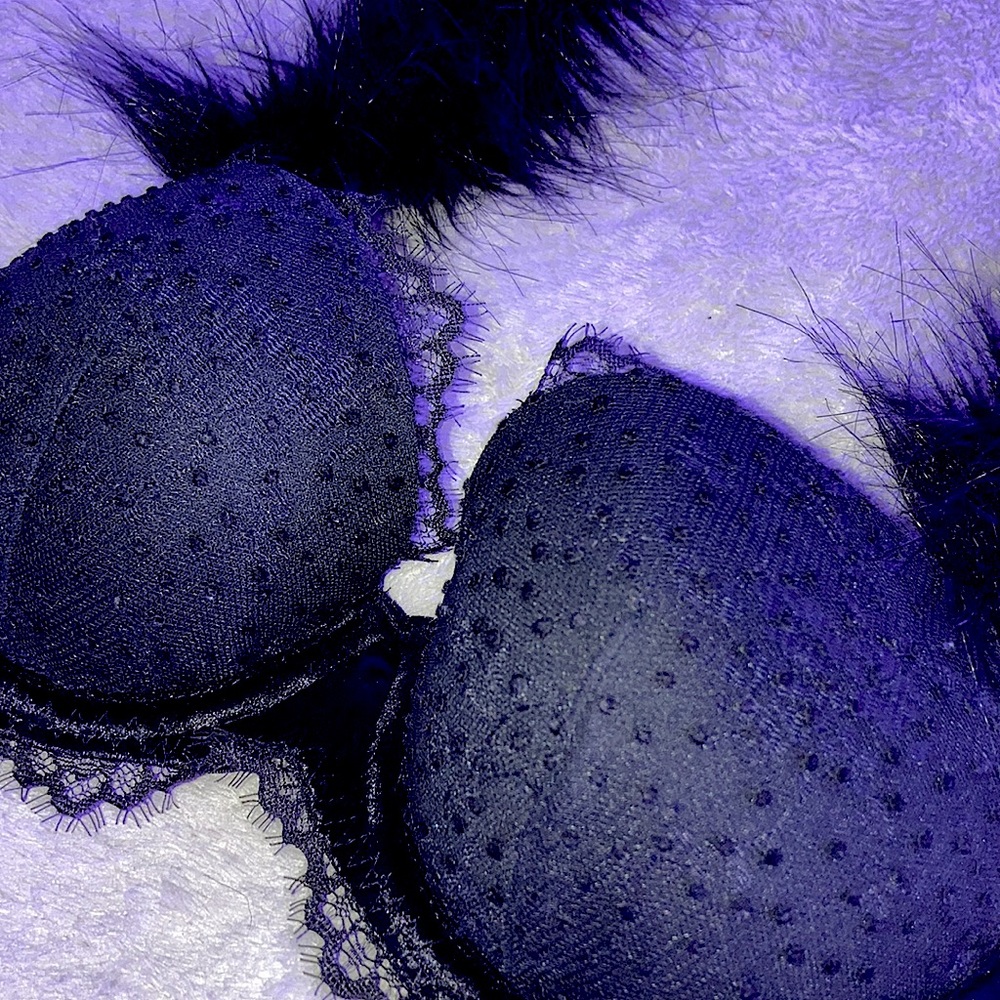 bra with fur straps & lace edged and studded cups
